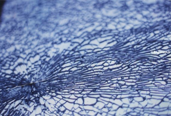 Blaues, strukturiertes Muster mit feinen, verästelten Linien auf hellem Hintergrund.